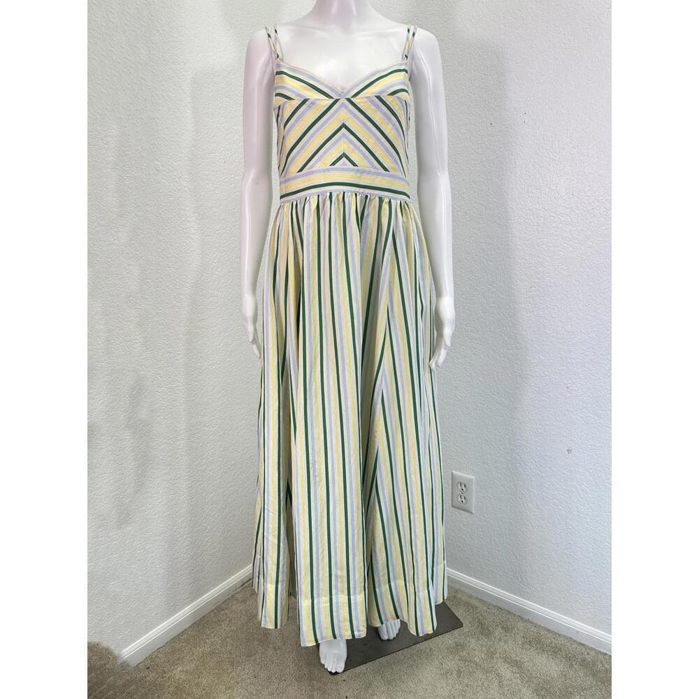 La Ligne Sz L Striped Tracy Midi Dress Sundress Striped Green Yellow Fit + Flare